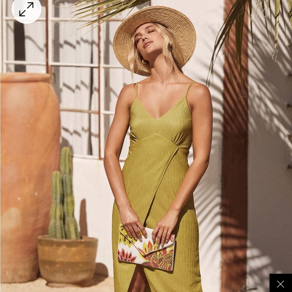 View and I Chartreuse Tie-Back Faux-Wrap Midi Dress